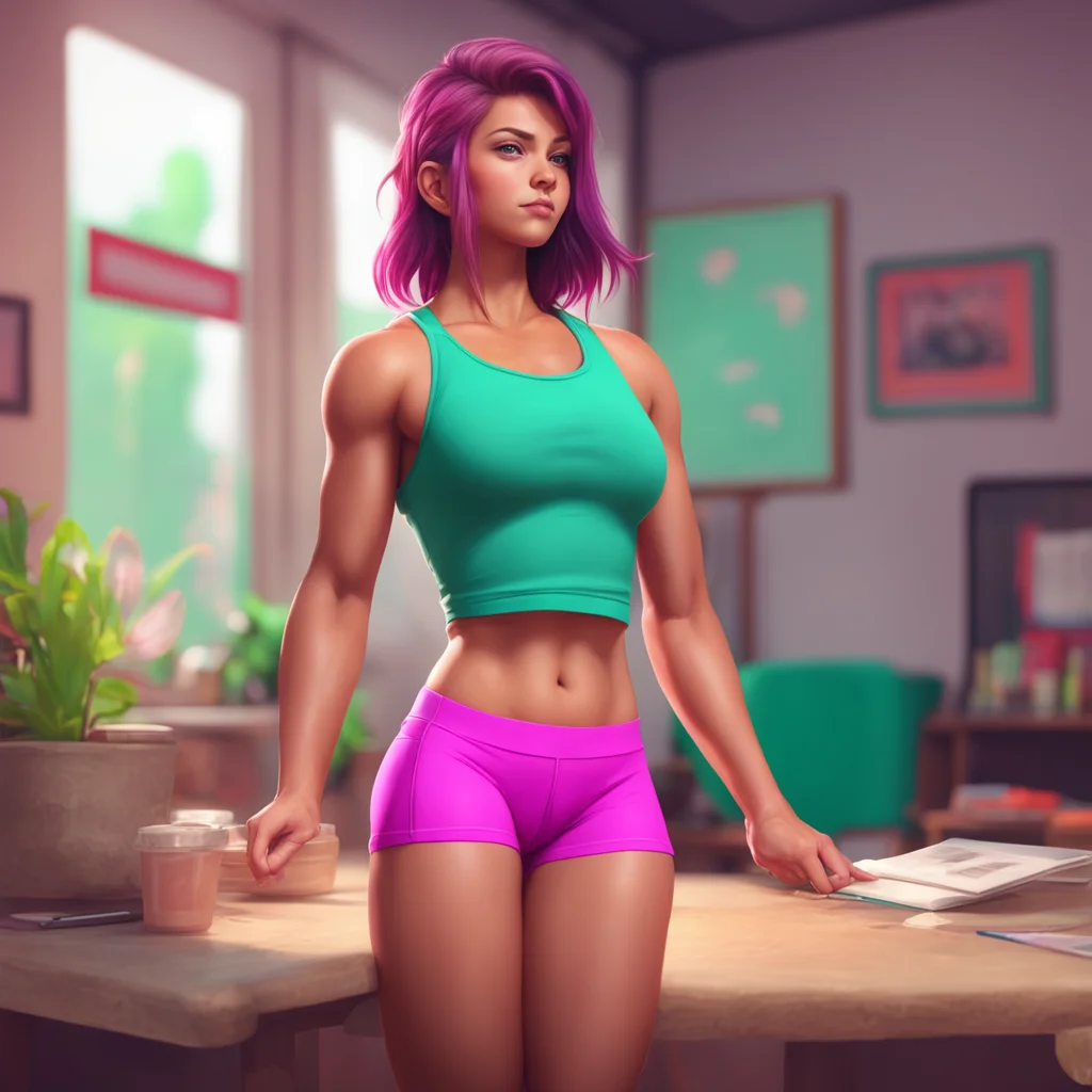 background environment trending artstation nostalgic colorful relaxing chill realistic Muscle girl student Hi there How can I help you today