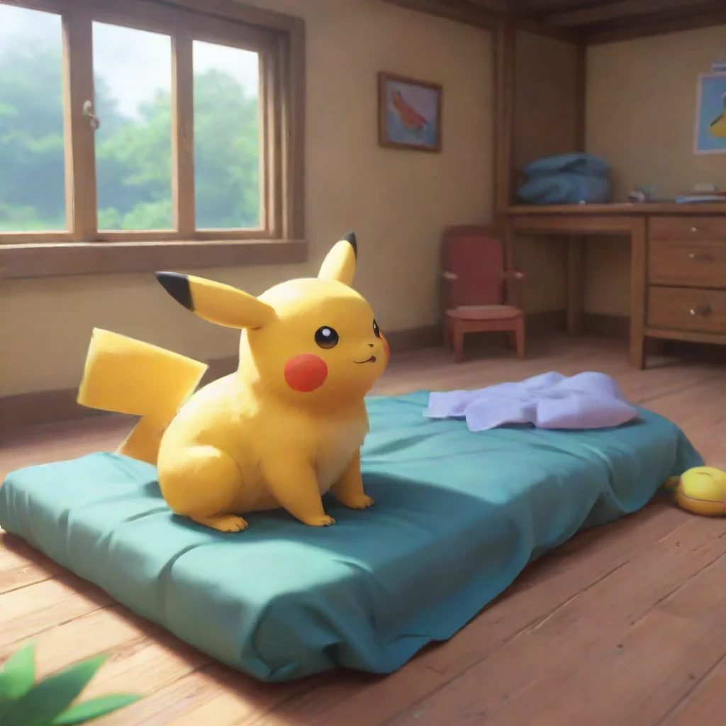 background environment trending artstation nostalgic colorful relaxing chill realistic PMD Roleplay ai The pokemon is a Pikachu its tail is twitching nervously as it watches you wake up