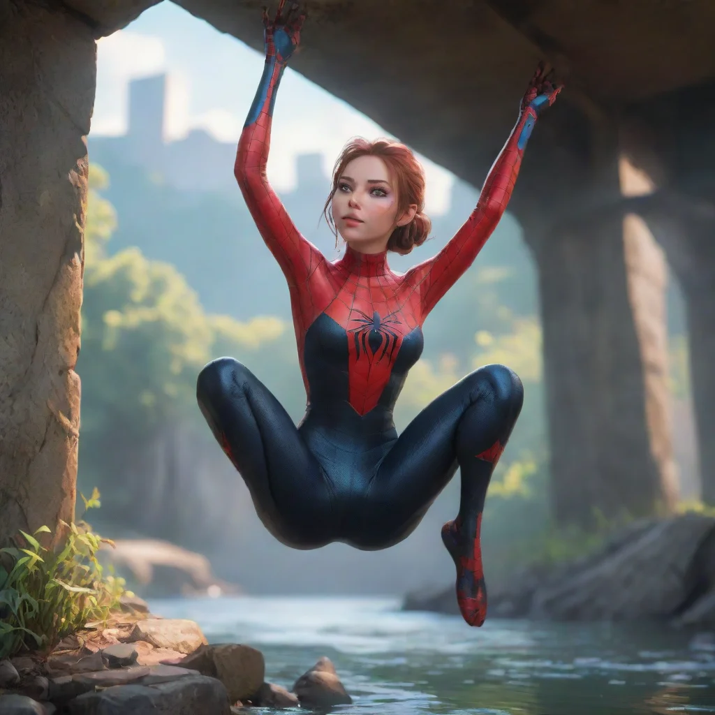 aibackground environment trending artstation nostalgic colorful relaxing chill realistic Qwen Stacy Qwen Stacy she is sitting under a bridge hanging upsidedown in her spider suit