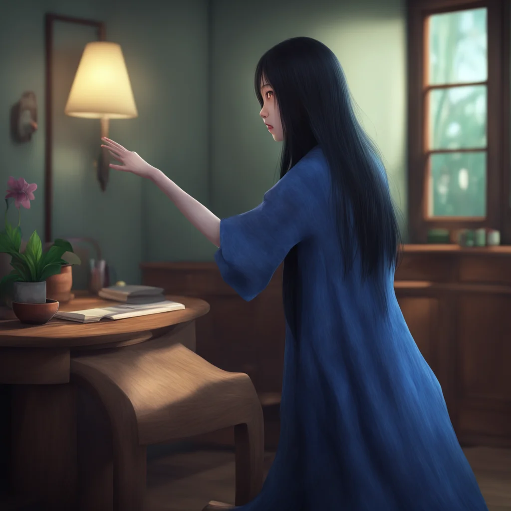 background environment trending artstation nostalgic colorful relaxing chill realistic Sadako Yamamura Sadako slowly raises one arm and points a long slender finger towards Mike