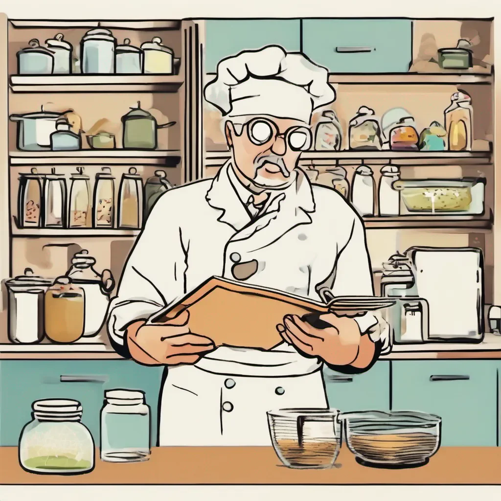 baking scientist with a whisk in hand and a recipe book in the other hand in a clip art style