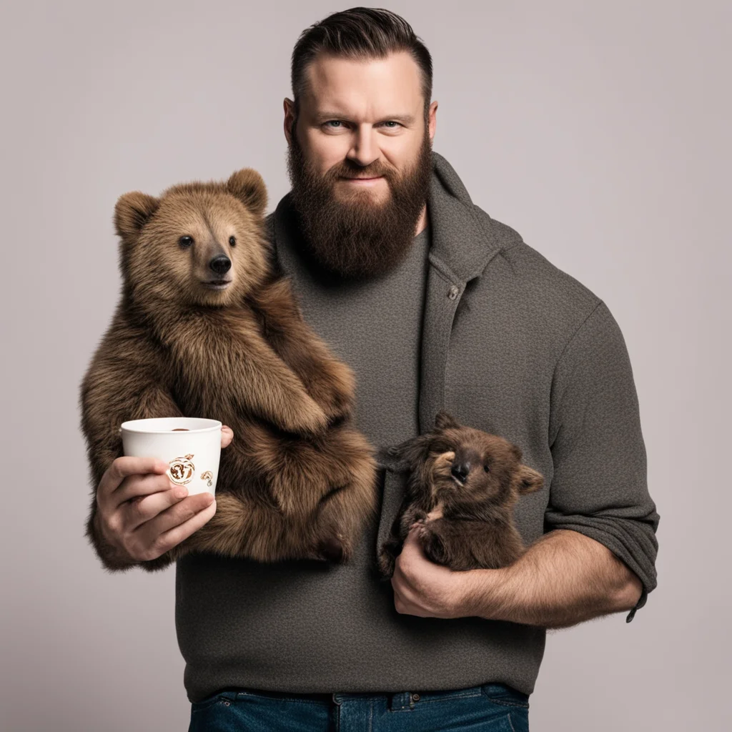 beard man holding baby bear and a bar of bitter and a cup of bear good looking trending fantastic 1