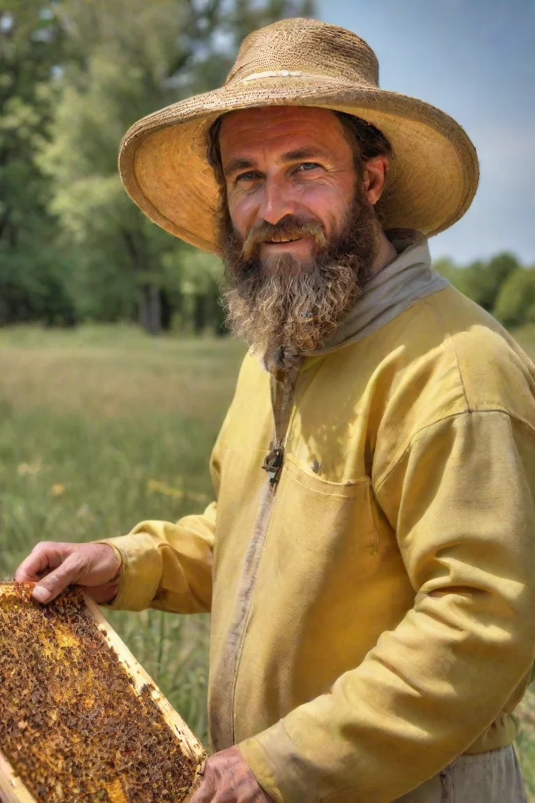 aibearded beekeeper straw hat honey comb bee yellow hdr  portrait