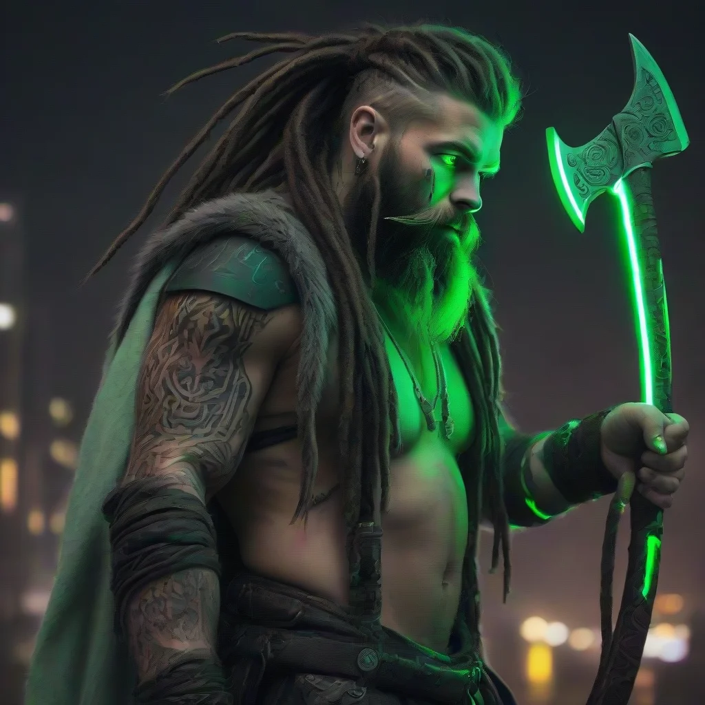 bearded dreadlocks cyberpunk neon viking green glow tattooed odin franzika axe