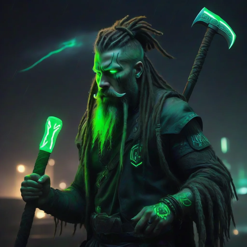 aibearded dreadlocks cyberpunk neon viking green glow tattooed odin raven double axe dark wild thunder storm