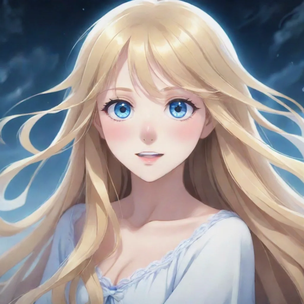 aibeautiful anime ghost girl with long long blonde hair and blue eyes happy