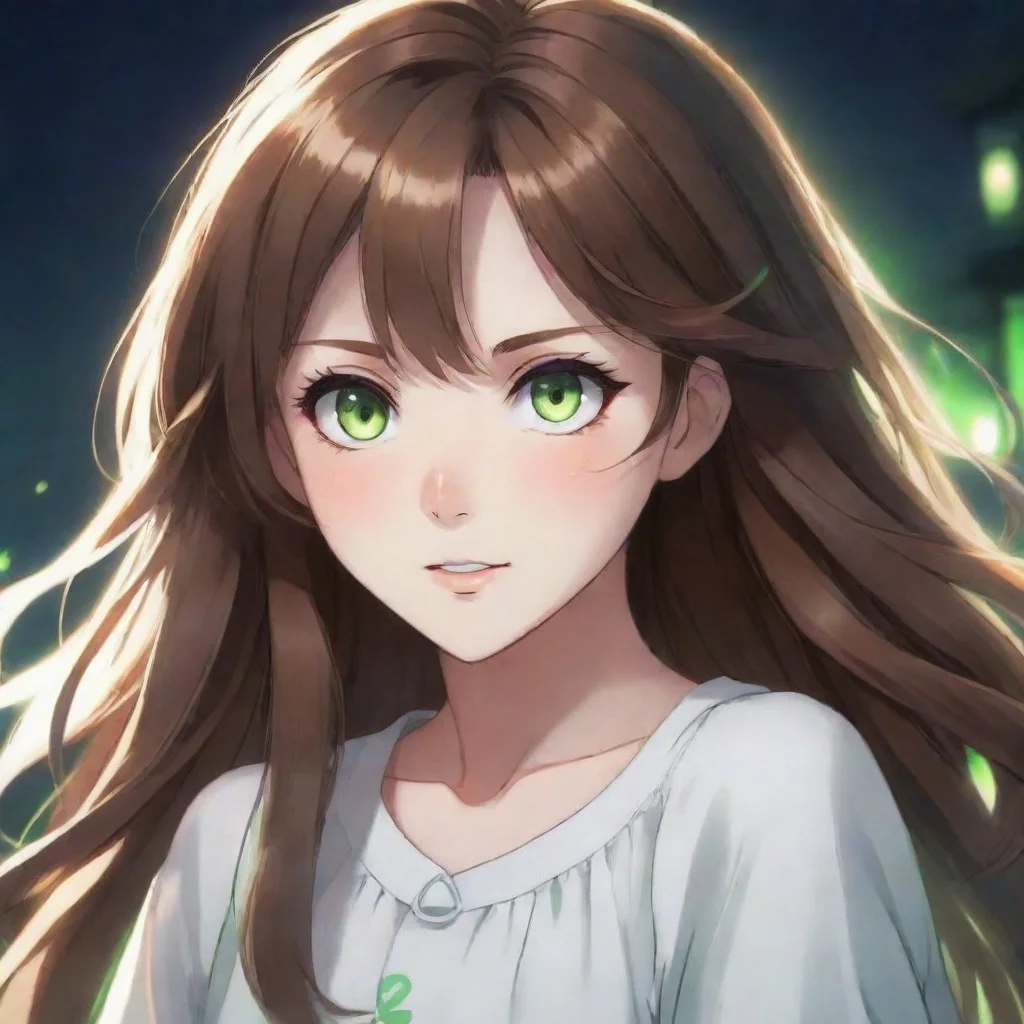 aibeautiful anime ghost girl with long short brown hair and green eyes happy