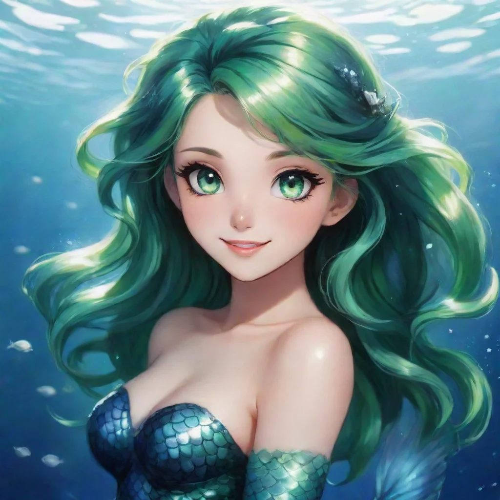 beautiful anime mermaid with black and and green eyes smiling