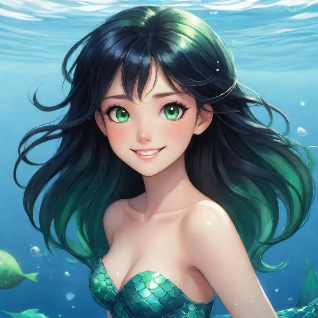 beautiful anime mermaid with black hair and and green eyes smiling