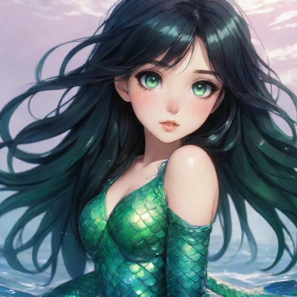 beautiful anime mermaid with black hair and and green eyes