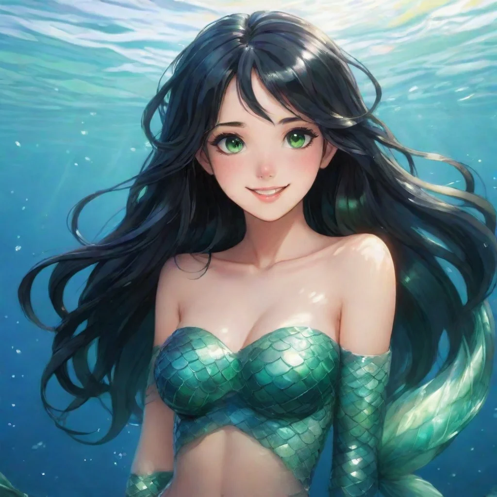 beautiful anime mermaid with black hair and green eyes smiling