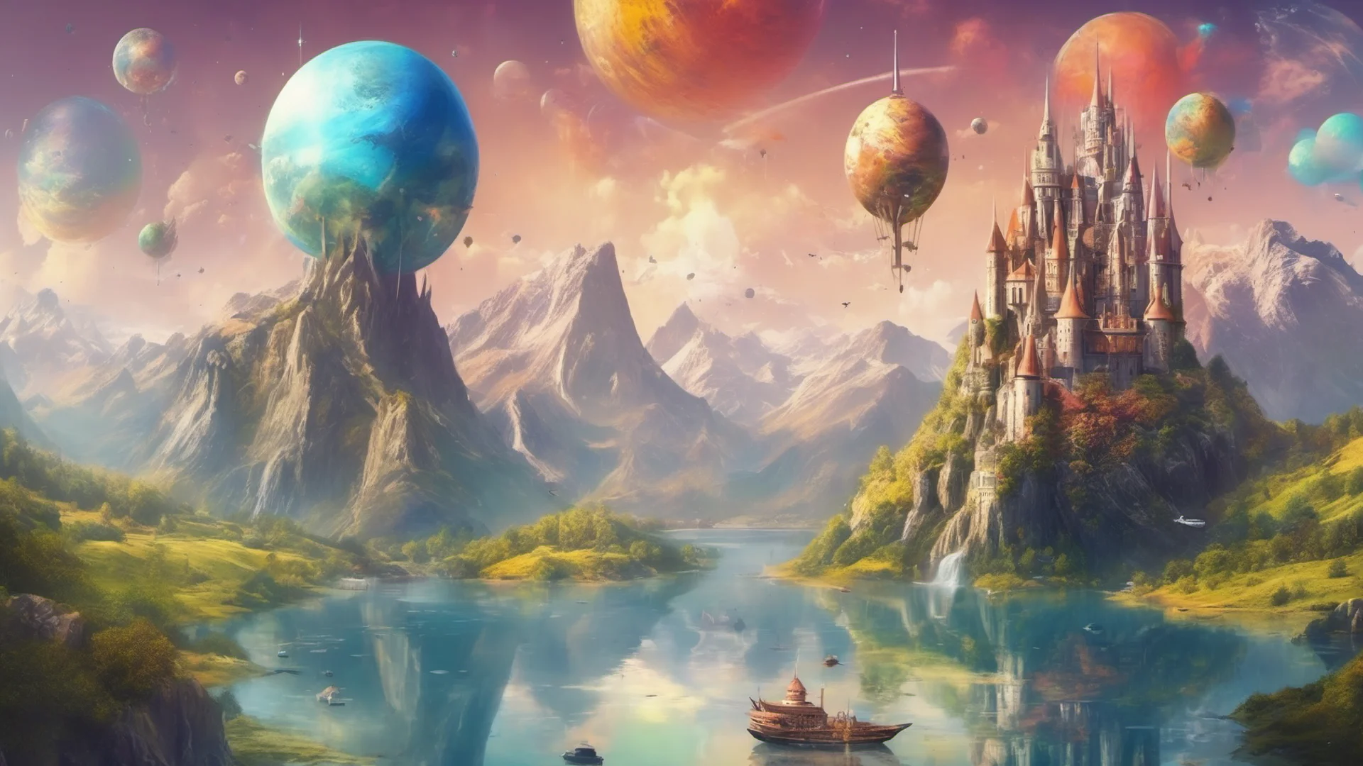 aibeautiful environment castle on mountains with lakes colorful planets above small flying airships amazing awesome portrait 2 wide
