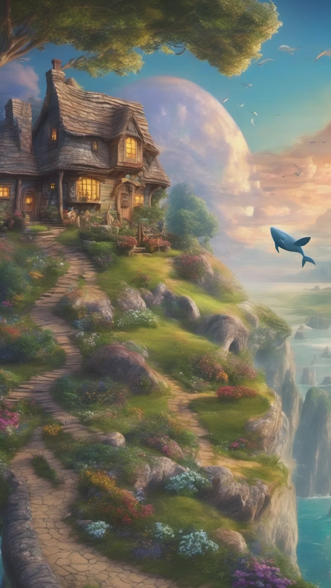 aibeautiful fantasy landscape flying whale cottage on path to sweeping views confident engaging wow artstation art 3 tall