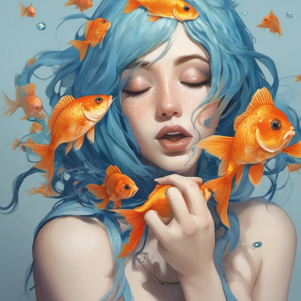 aibeautiful girl with blue hair biting off the head of a goldfish