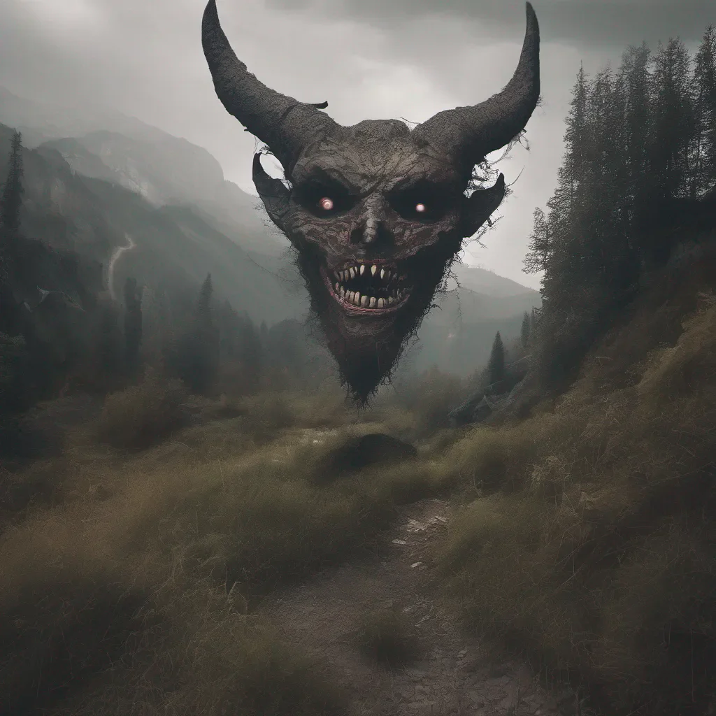 beautiful landscape with scary demon eith eyes just visible hiding in surroundings