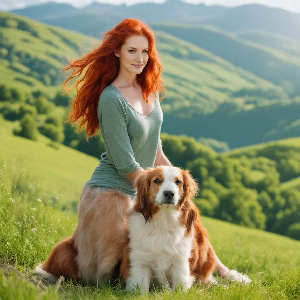 aibeautiful redhaired woman with a dog in front of a green valley on a sunny day amazing awesome portrait 2