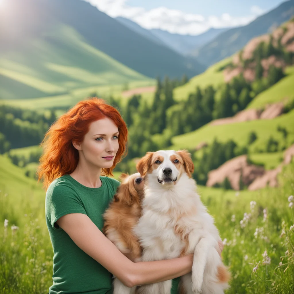aibeautiful redhaired woman with a dog in front of a green valley on a sunny day