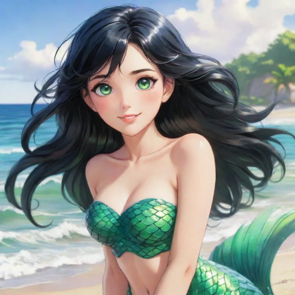 beautiful smiliing anime mermaid with black hair and green eyes on the beach