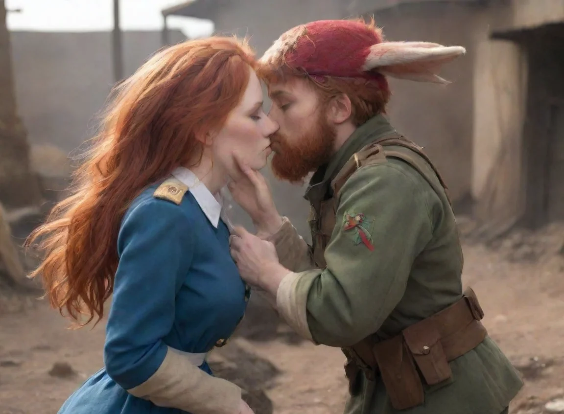 aibest quality a female anthro bunny tomboy redhead and a male bearded swedish soldier kissing in a warzone 5 landscape43