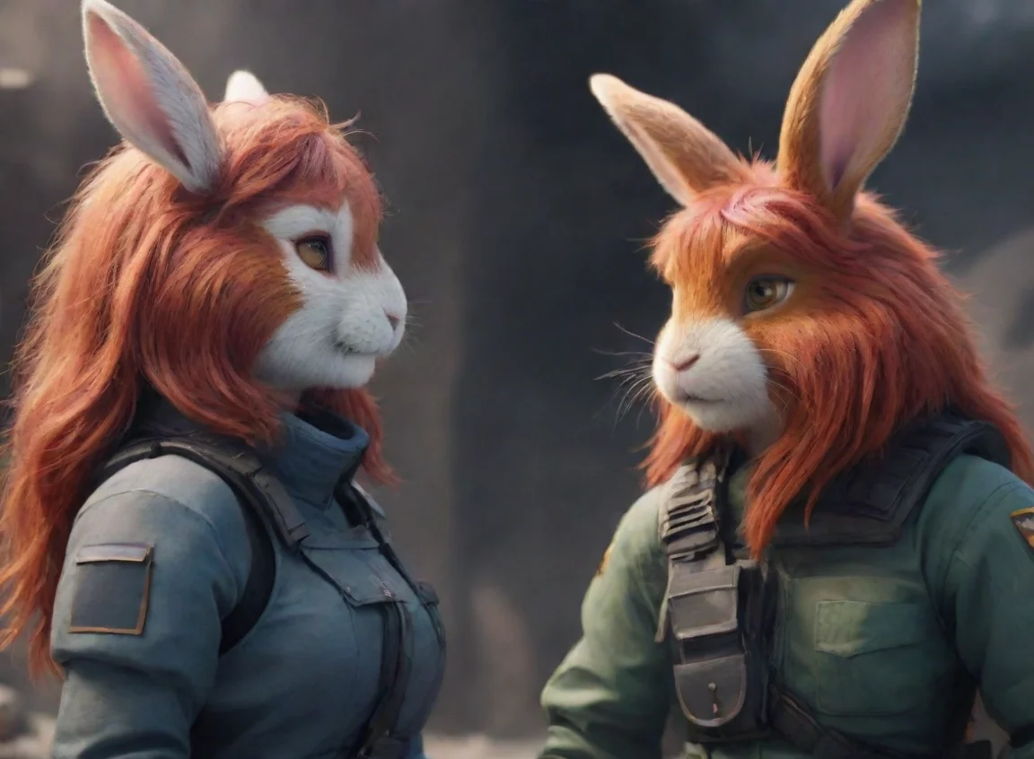 aibest quality a female anthro furry rabbit redhead with a male human swedish space soldier with beard in a warzone romantic hd 5 landscape43