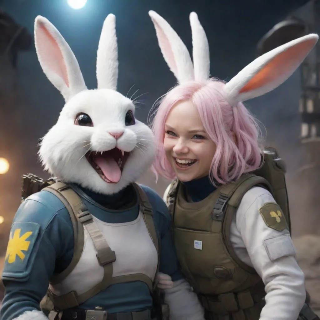 aibest quality a male swedish space soldier and a cute anthropomorphic furry alien rabbit woman laughing in a warzone anime style 5
