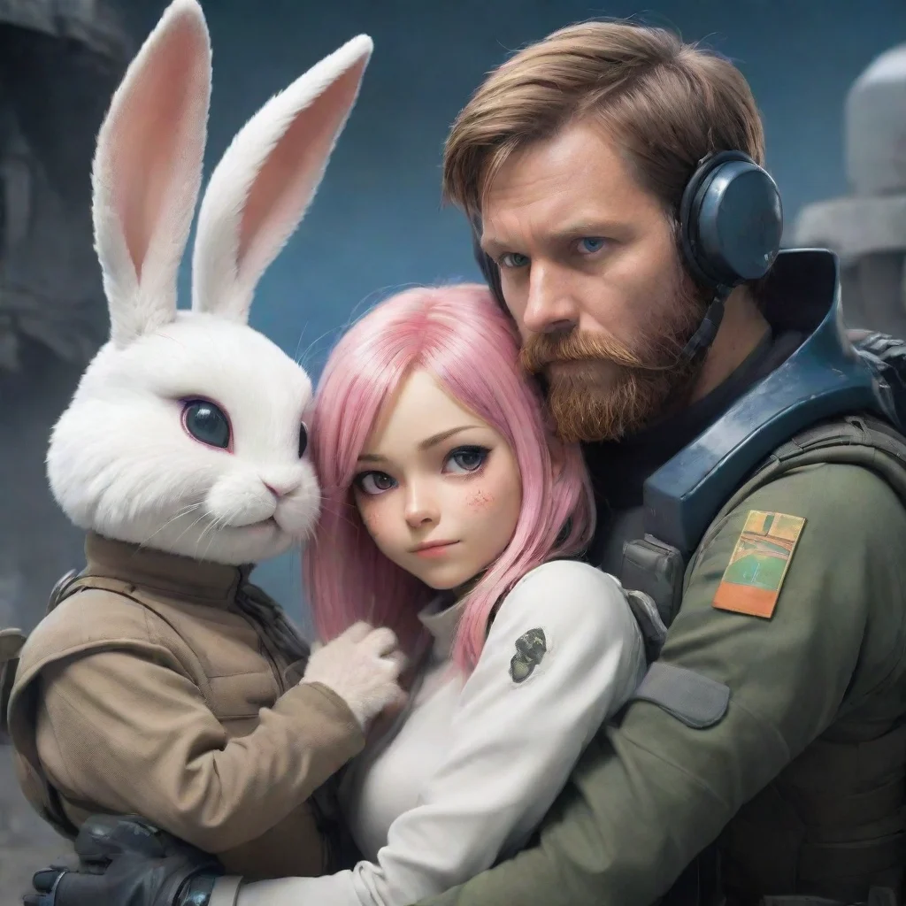 aibest quality a male swedish space soldier with beard comfort a cute scared anthropomorphic alien rabbit woman in a warzone anime style 5