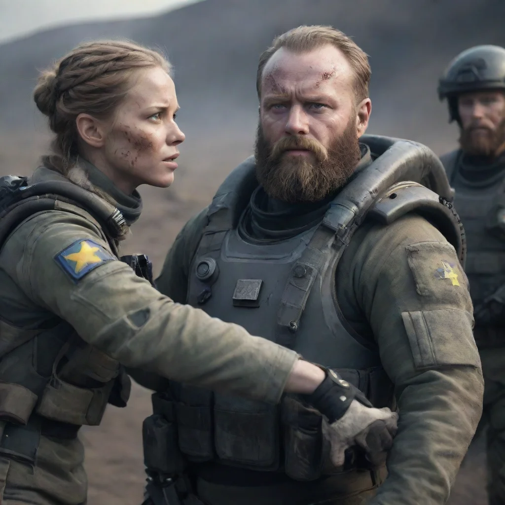 aibest quality a swedish space soldier man with beard helping wounded alien girls in a warzone hd 5