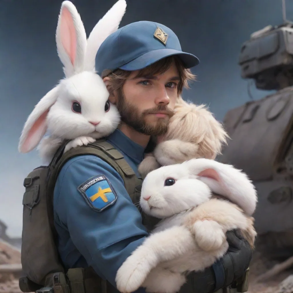 aibest quality a young bearded male swedish space soldier hugging a cute female anthropomorphic furry rabbit in a warzone anime style 5