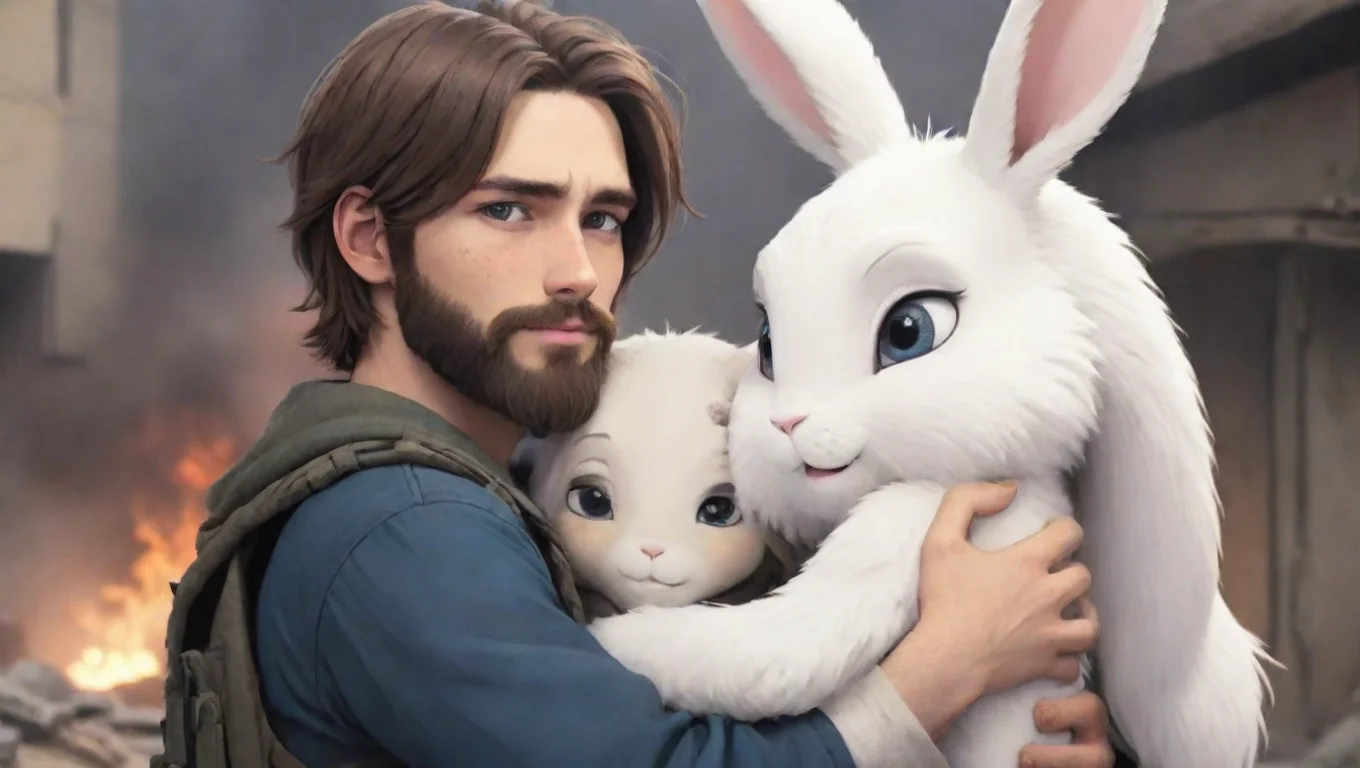 aibest quality a young bearded swedish human man hugging a female anthro furry rabbit romanticly in a warzone anime style cartoon 5 widescreen