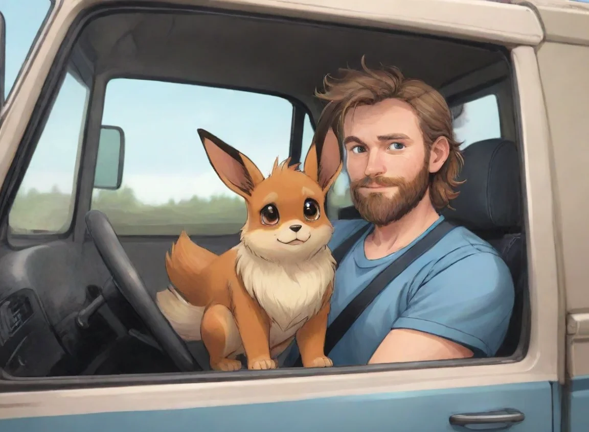 aibest quality a young bearded swedish trucker man driving truck with pet eevee cartoon anime style 5 landscape43