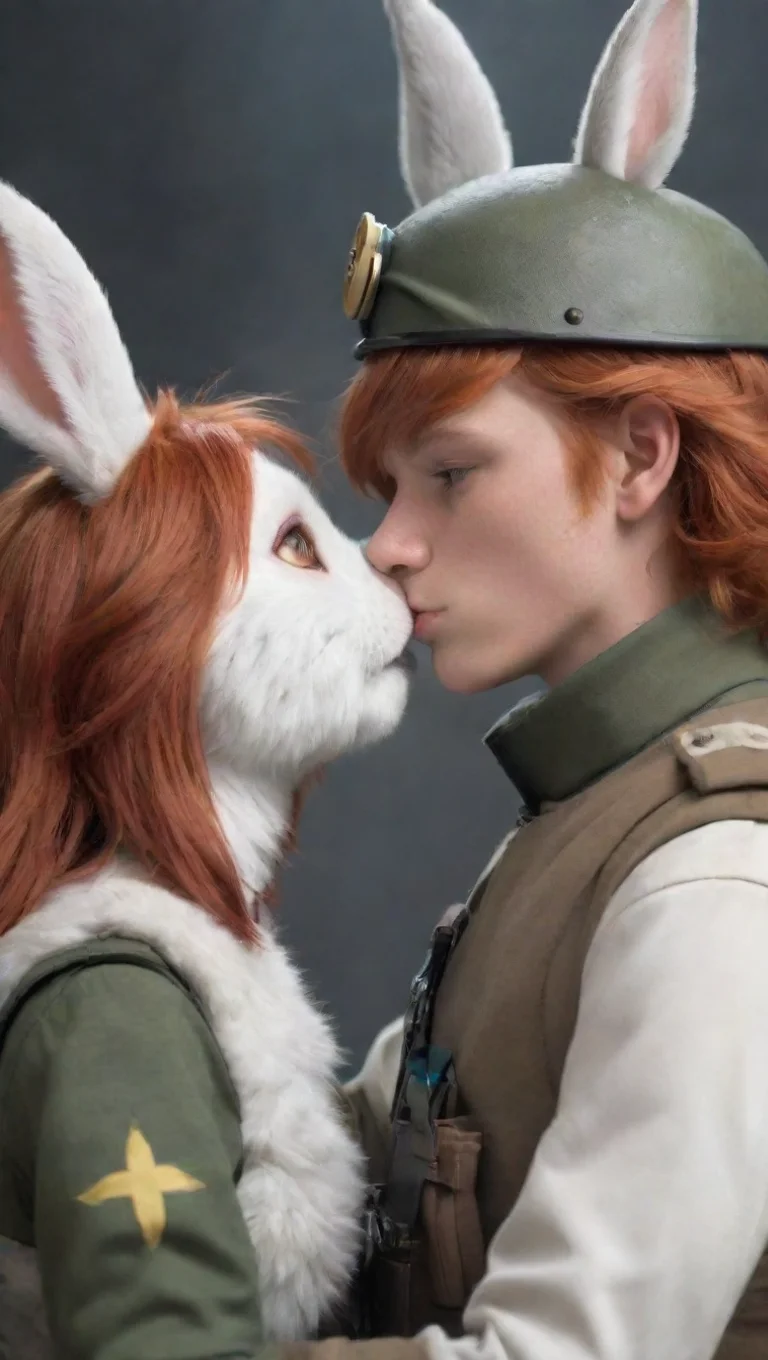 aibest quality a young human swedish soldier man kissing a female anthro furry rabbit tomboy redhead kissing romantically sci fi hd 5 tall