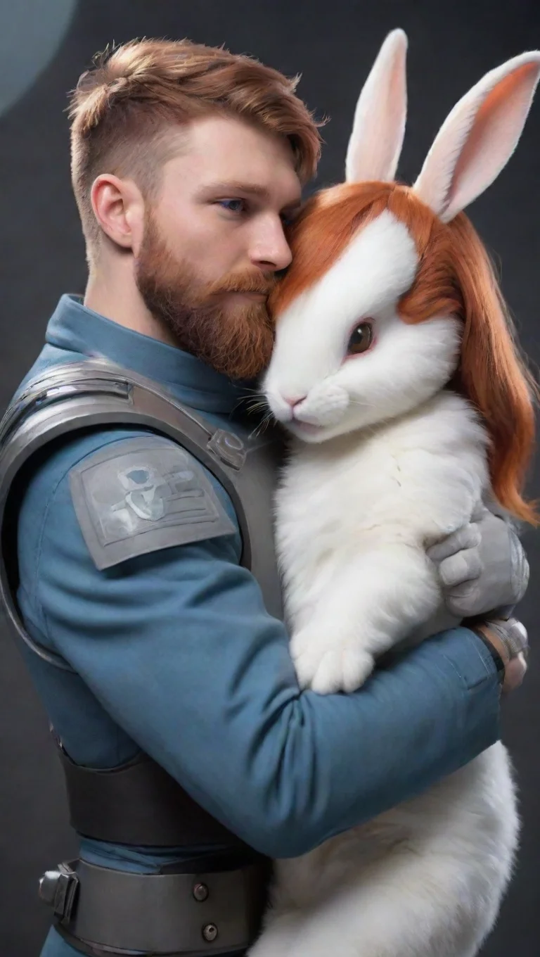aibest quality a young male human bearded swedish space soldier hugging a female anthro alien rabbit redhead romantic hd 5 tall