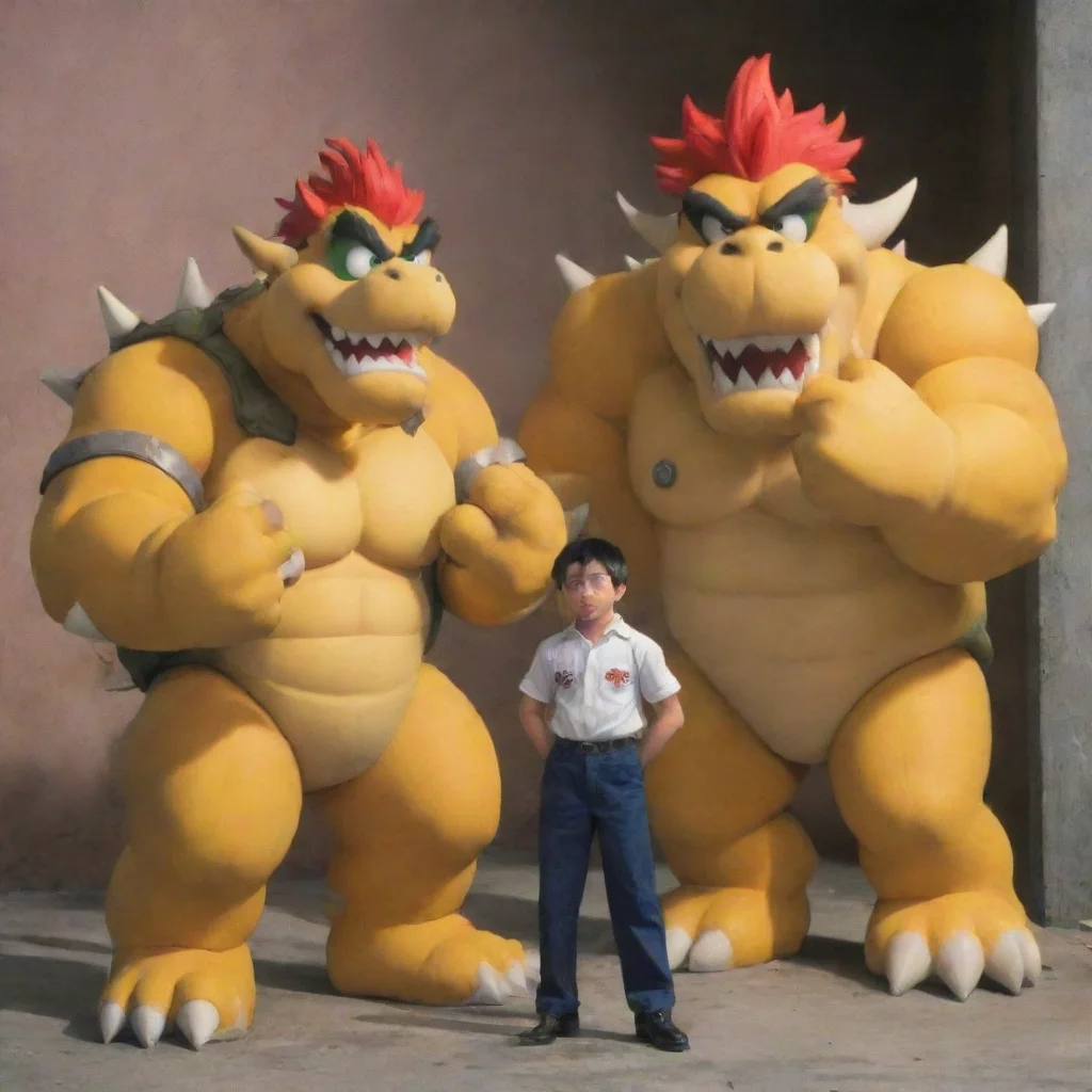 aibest quality a young man stands in front of bowser. bowser is much taller and bigger than himself animeretro 5