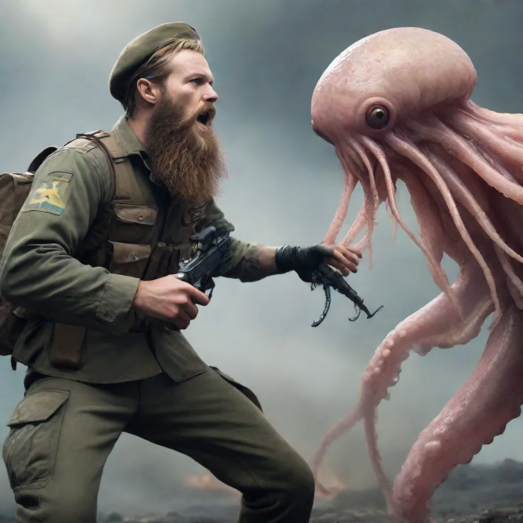 aibest quality a young swedish soldier with a beard fighting a squid alien in a warzone 5