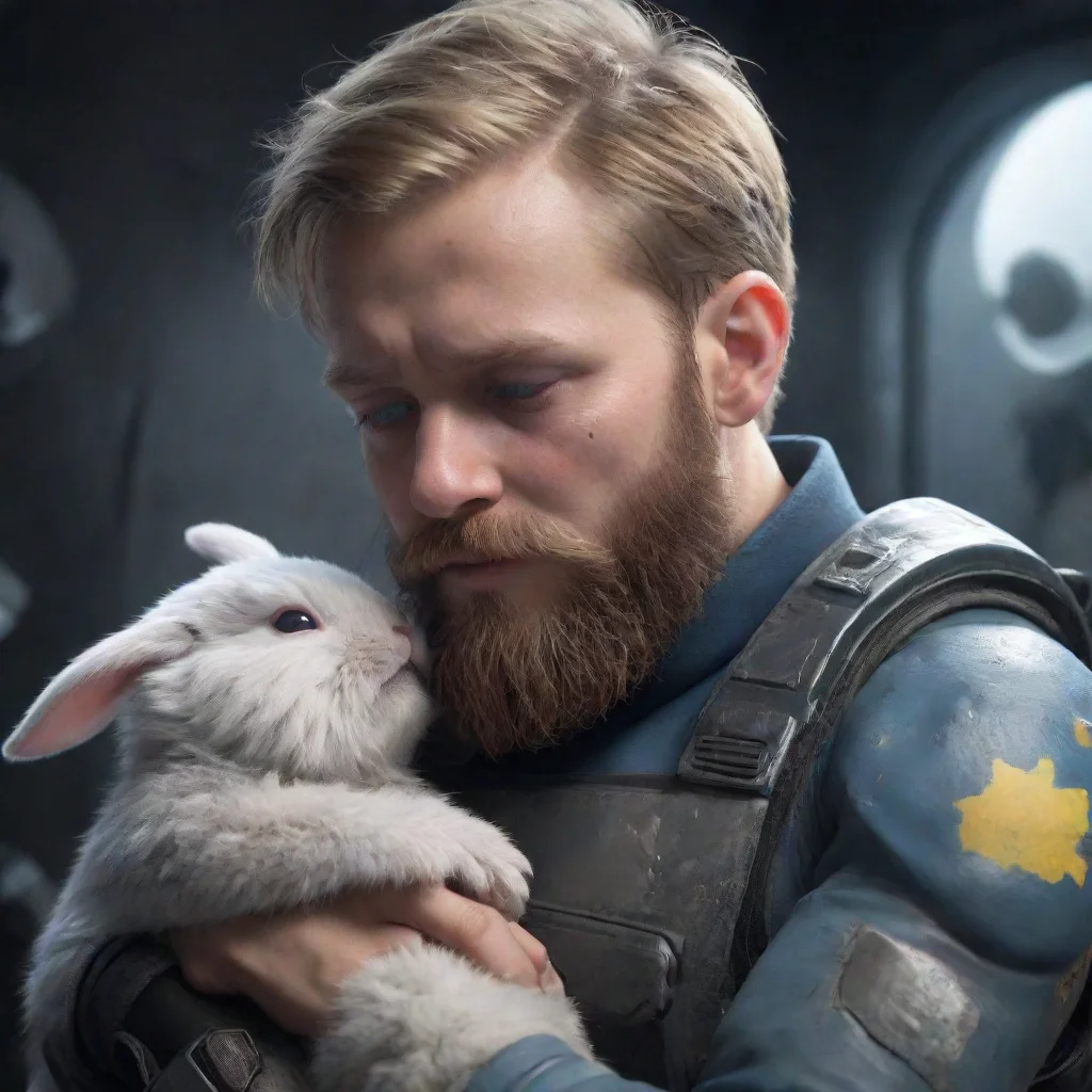 aibest quality a young swedish space soldier with a beard comforting a crying alien baby bunny. 5