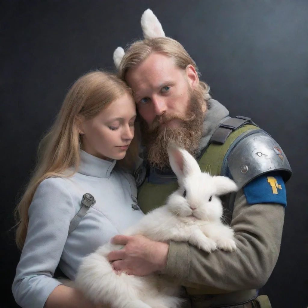 aibest quality a young swedish space soldier with beard comforting a anthrop furry bunny woman and her bunny baby.omorphic 5