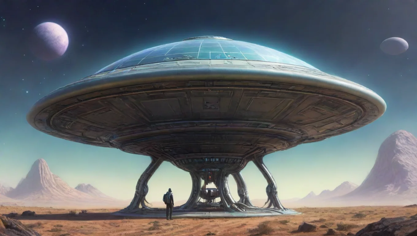 aibest quality alien next to 4m wide personal craft two aliens leaning on his ufo dome spaceship shaped artstation drawing colored 5 widescreen