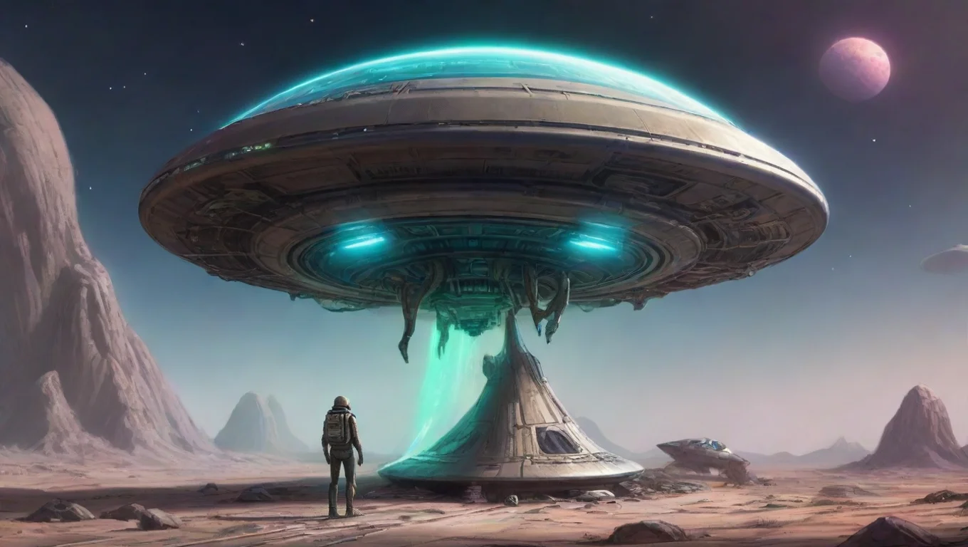 aibest quality alien next to 4m wide personal craft ufo and alien leaning on his ufo dome spaceship shaped artstation drawing colored 5 widescreen