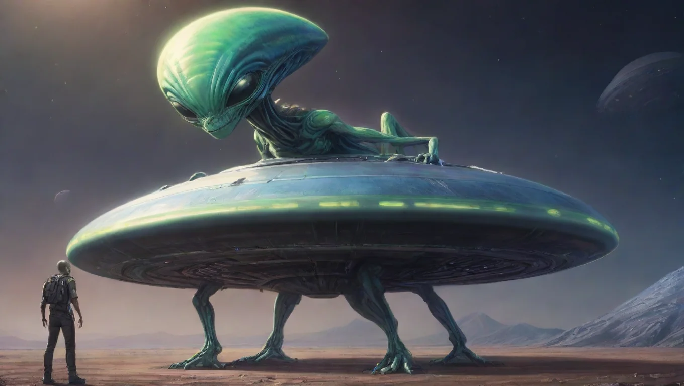 aibest quality alien next to 4m wide personal craft ufo and alien leaning on his ufo spaceship shaped smile hi wow artstation drawing colored 5 widescreen