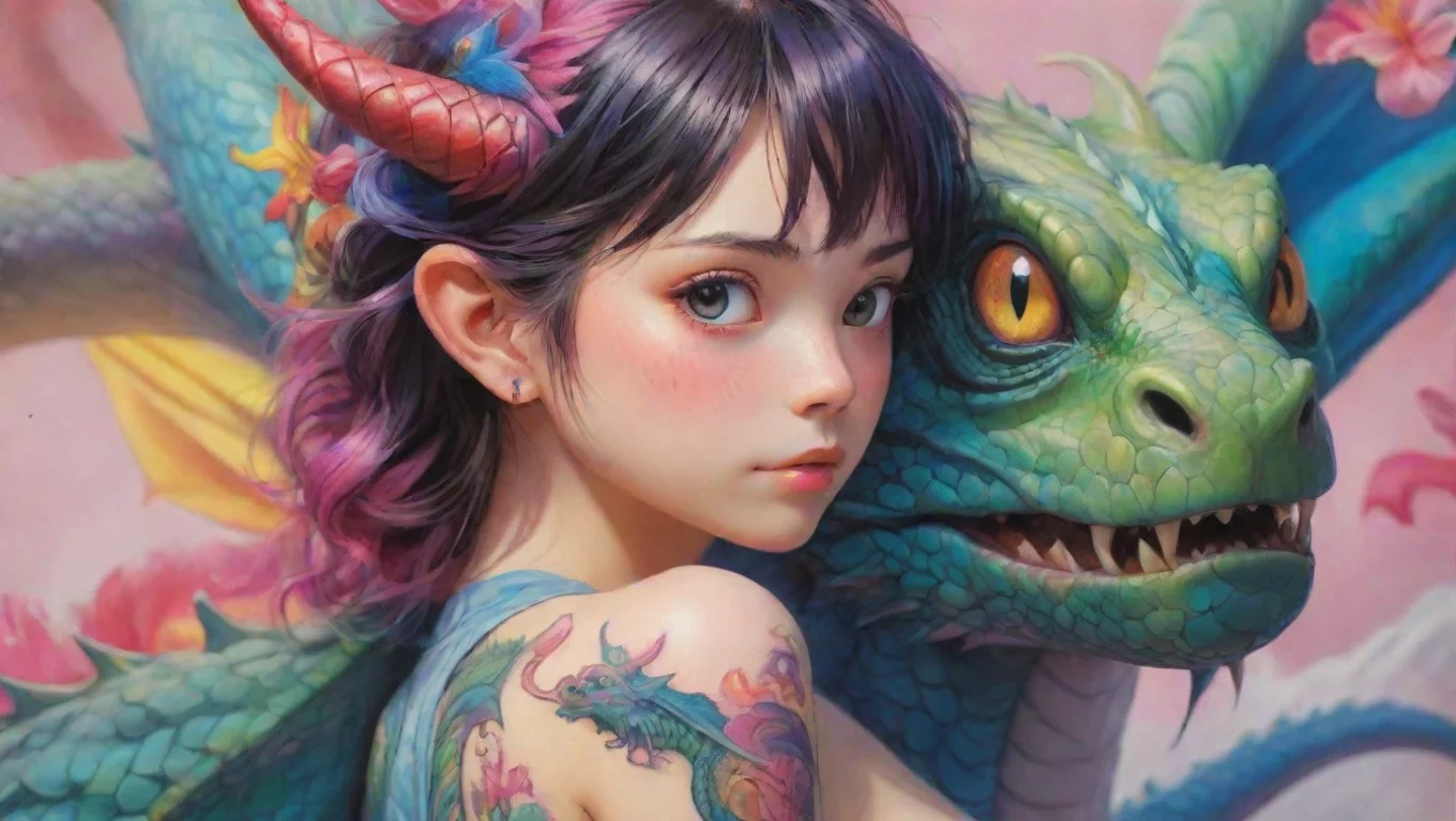 aibest quality artistic realistic dragon with a tatoo of a girl colorful wonderland detail anime  ghibli bright 5 widescreen