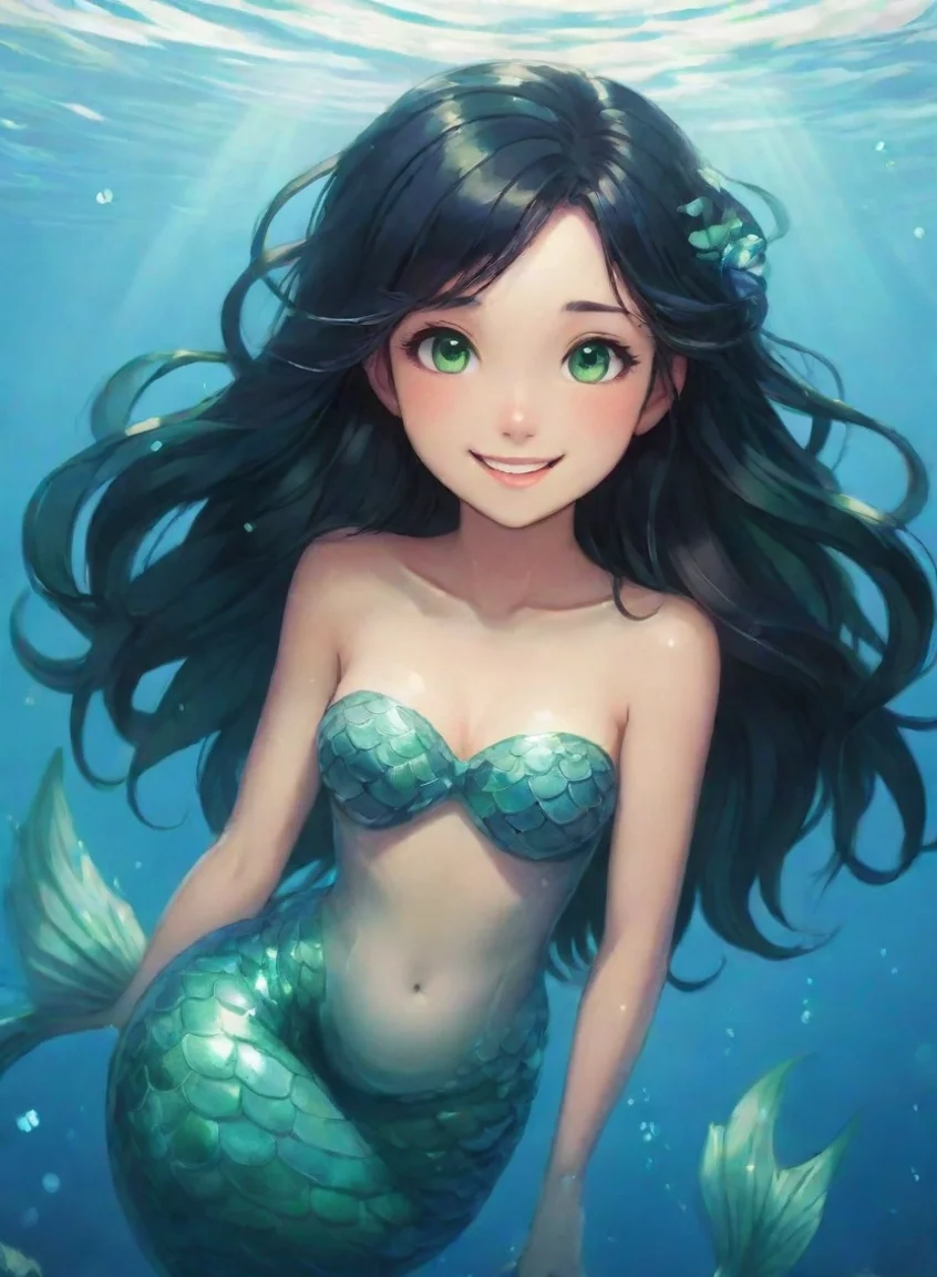 aibest quality beautiful anime mermaid with black hair and green eyes smiling 5 portrait43