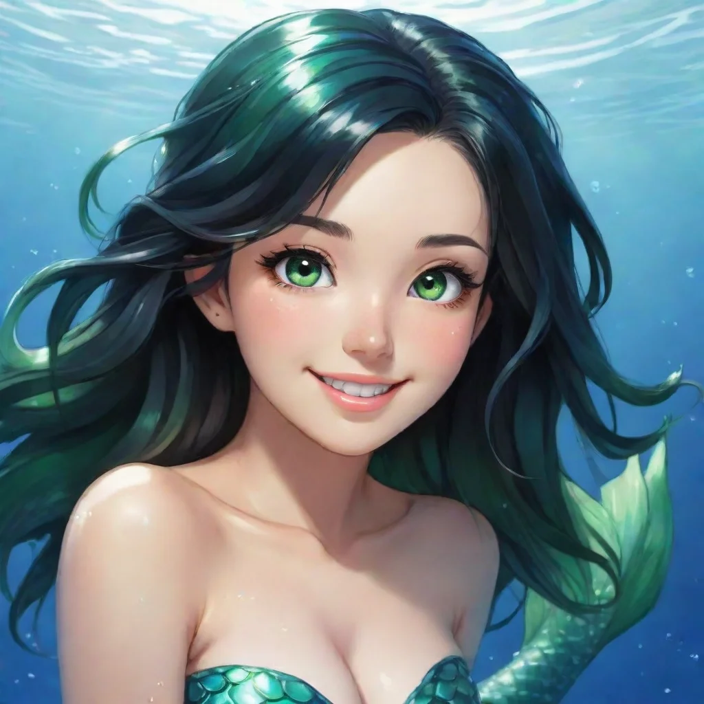 aibest quality beautiful anime mermaid with black hair and green eyes smiling 5
