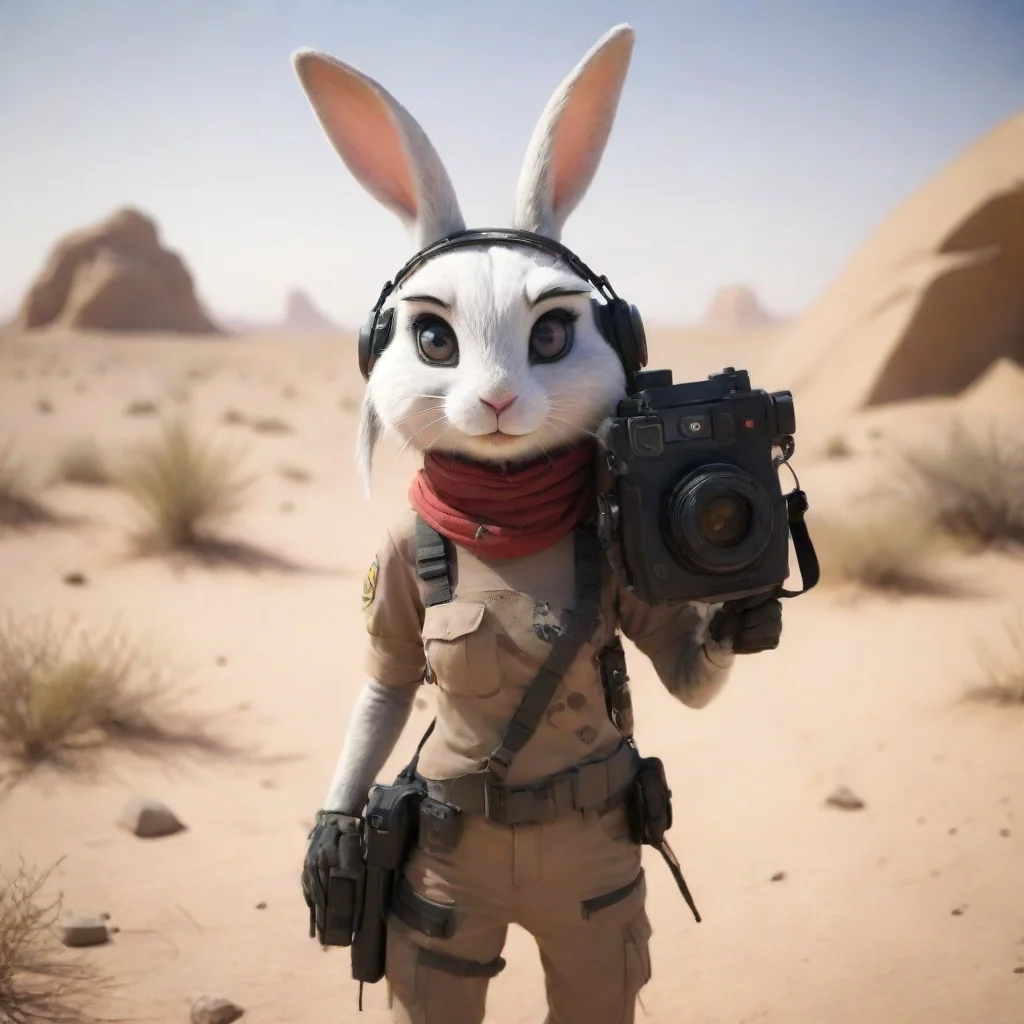 aibest quality cartoon anthropomorphic emo rabbit woman in warzone desert with camera hd 5