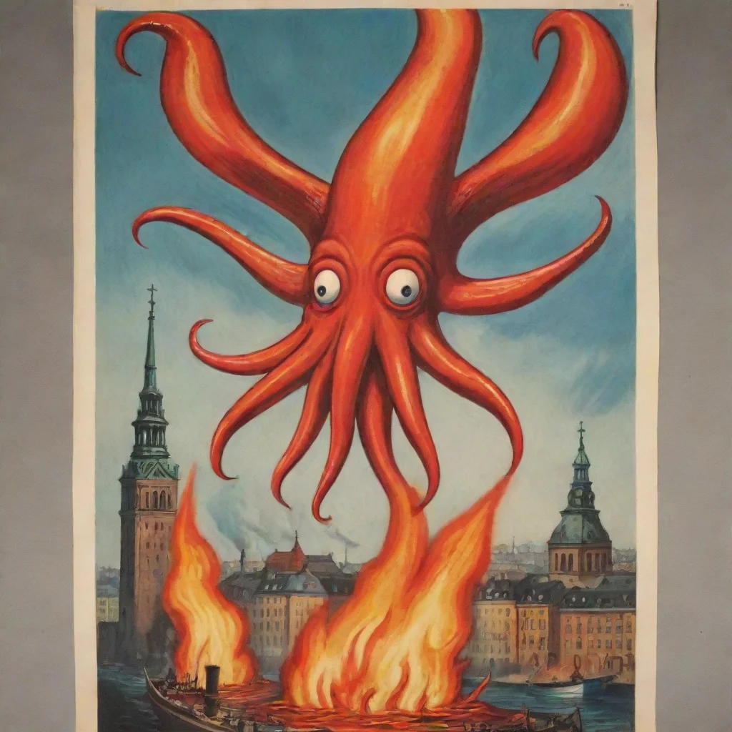 aibest quality cartoon evil satanic squid flying over burning stockholm propaganda poster hd 5