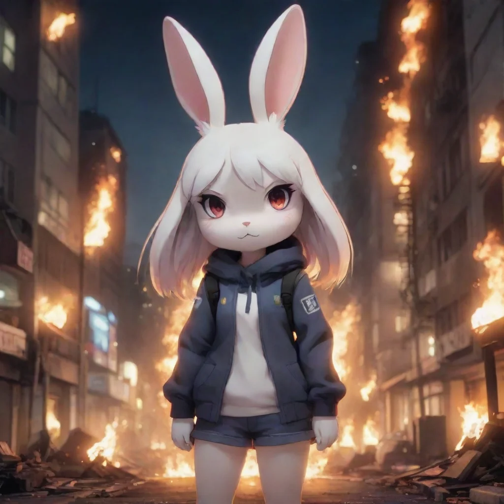 aibest quality cute anime style anthropomorphic rabbit woman ptsd burning city warzone nighttime 5
