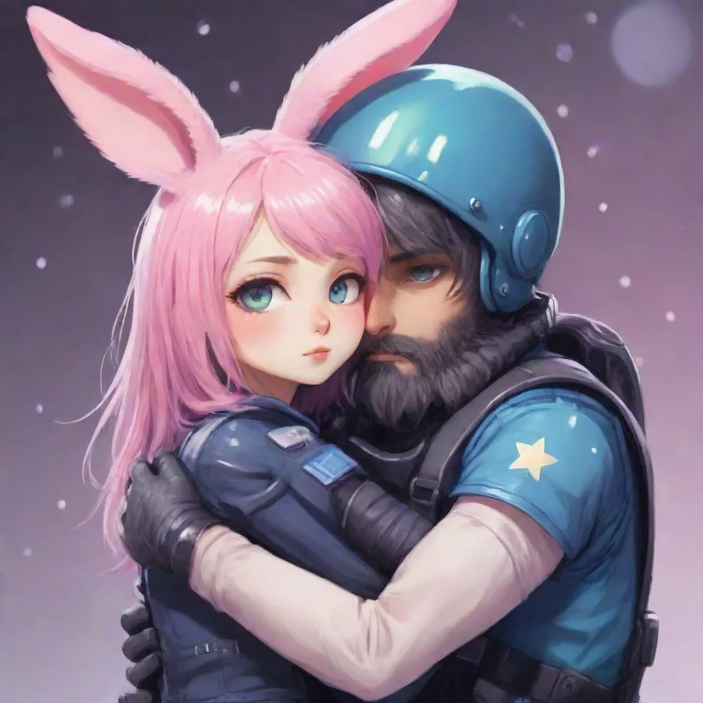 aibest quality cute anime styled feminine anthropomorphized alien bunny emo woman hugging a bearded swedish male space soldier 5