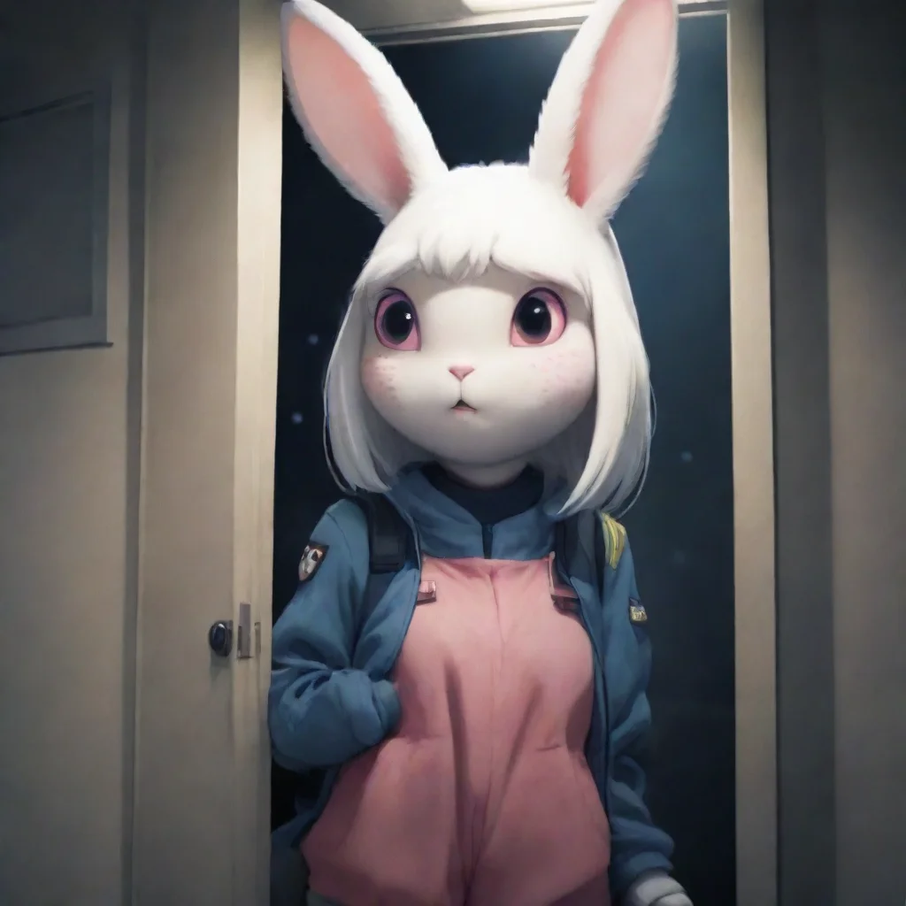aibest quality cute scared anthropomorphized alien bunny woman hiding from swedish space soldier apartment nighttime anime style 5