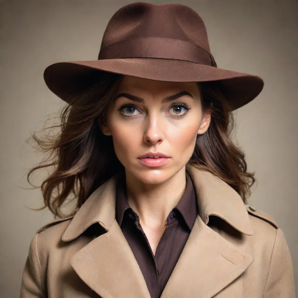 aibest quality female detective with a brown hat and long trenchcoat. she has a look of fear and surprise on her face.  5