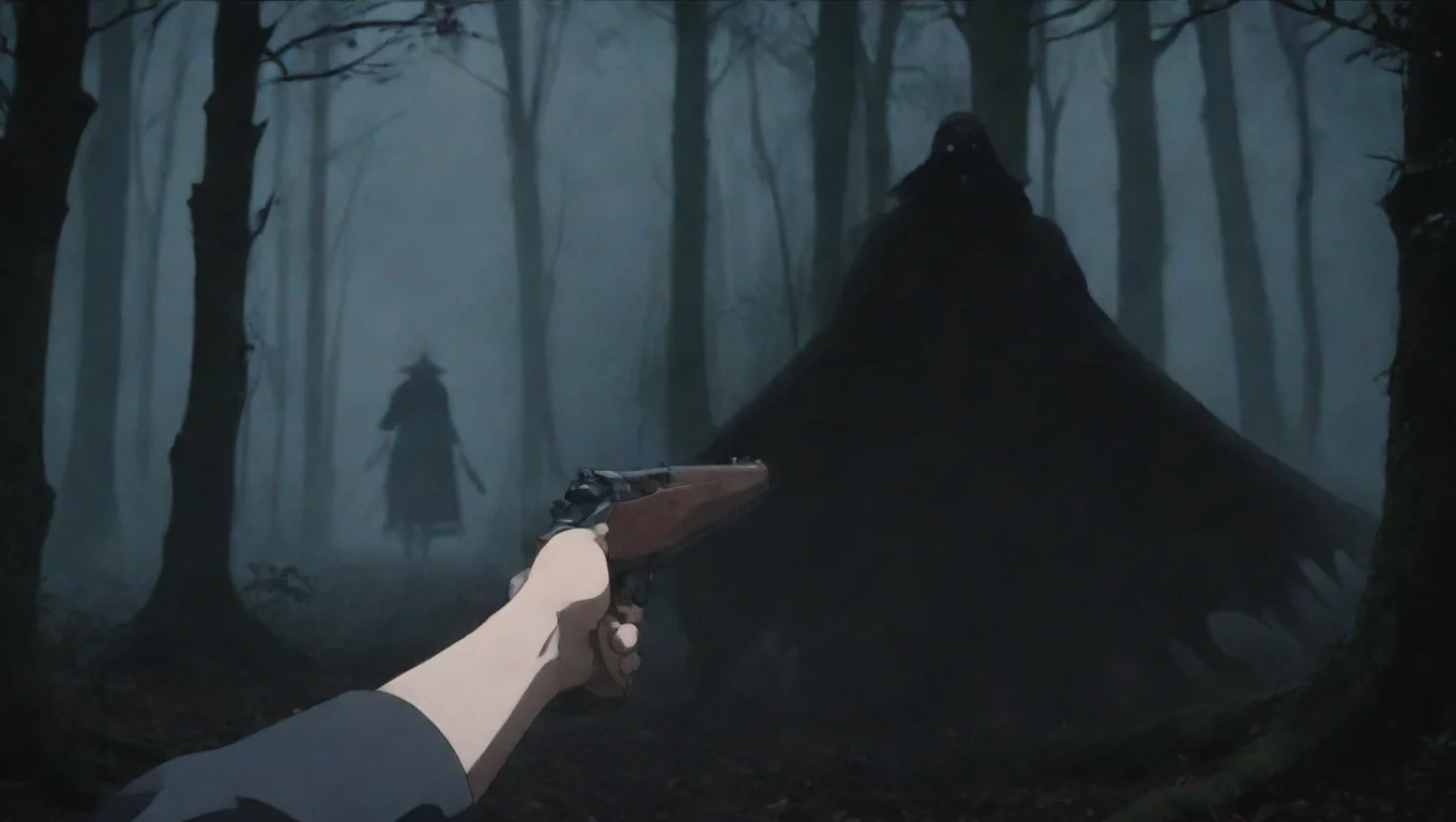 aibest quality first person with old rifle pointing at vampire approaching in woods first person hd ghibli anime aesthetic dark horror 1800 vibe 5 widescreen