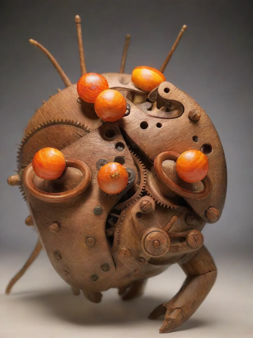aibest quality make a monster using this image. is a mechanical monster with long wooden arms an claws and mechanical bulky legs.glowing orange snail like eyes. stunning 4